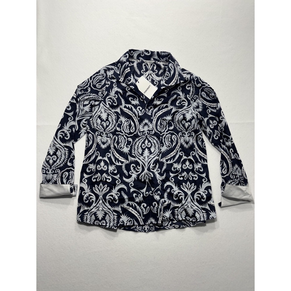 Foxcroft Shirt Womens S Navy Blue Damask Print Button Up Stretch Easy Care